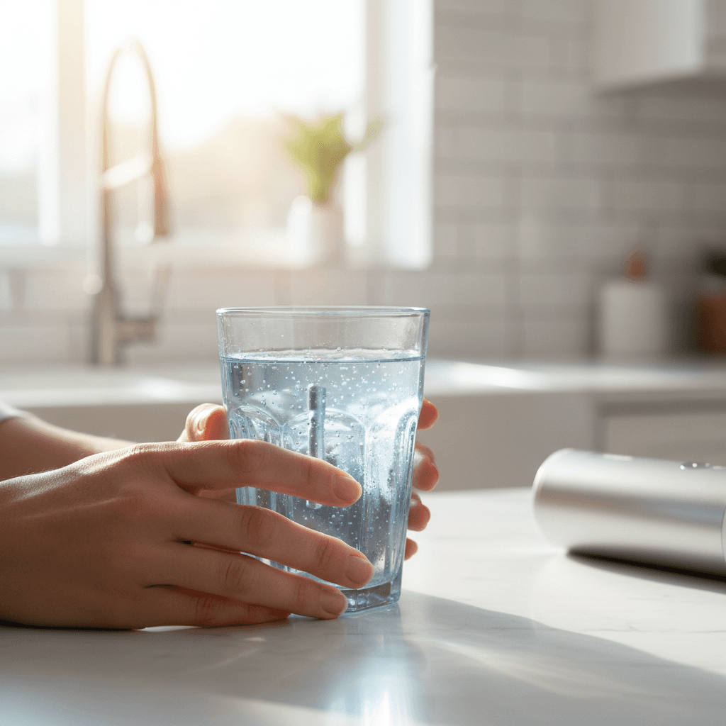 Woman holding water glass in bright kitchen