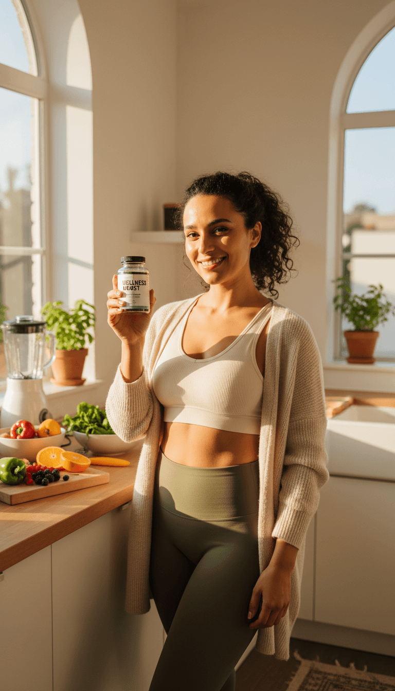Woman holding Cellucare Blood Sugar Formula bottle in bright kitchen