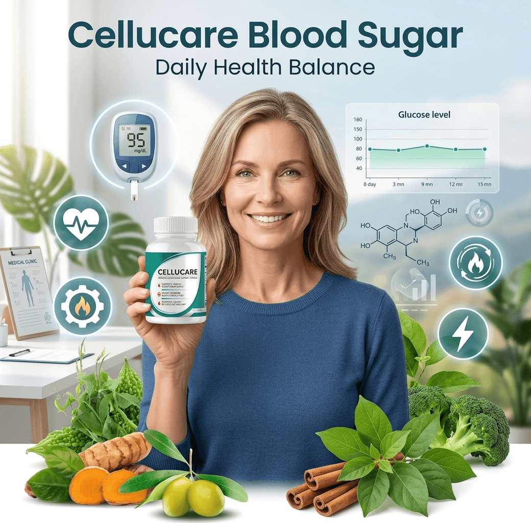 Smiling woman holding Cellucare blood sugar supplement bottle with glucose monitor and fresh natural ingredients.