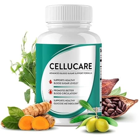 Cellucare blood sugar support supplement bottle with turmeric, olives, cocoa beans, and green leaves.